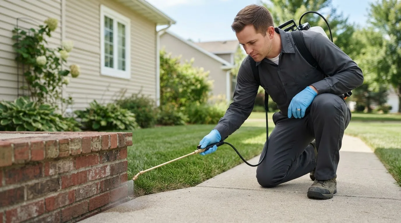 Pest control technician treating a home near Rexford, KS